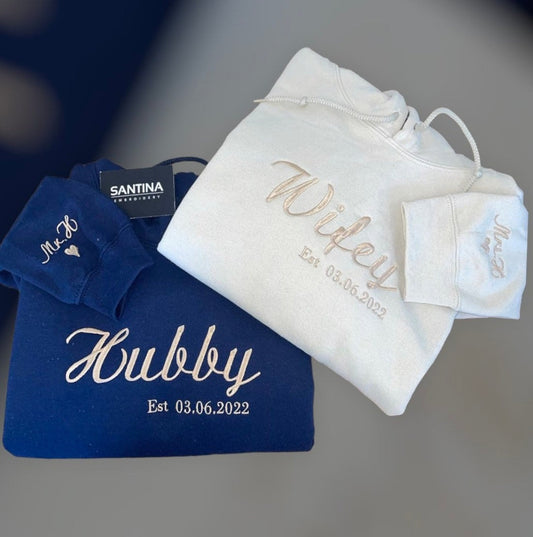 Custom Embroidered "Wifey of Hubby" Hoodie with Wedding Date