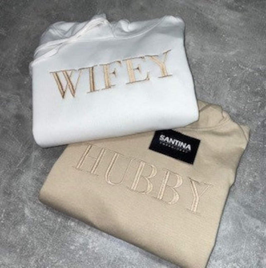 Custom wifey hubby embroidered matching couple wedding sweatshirt or hoodies