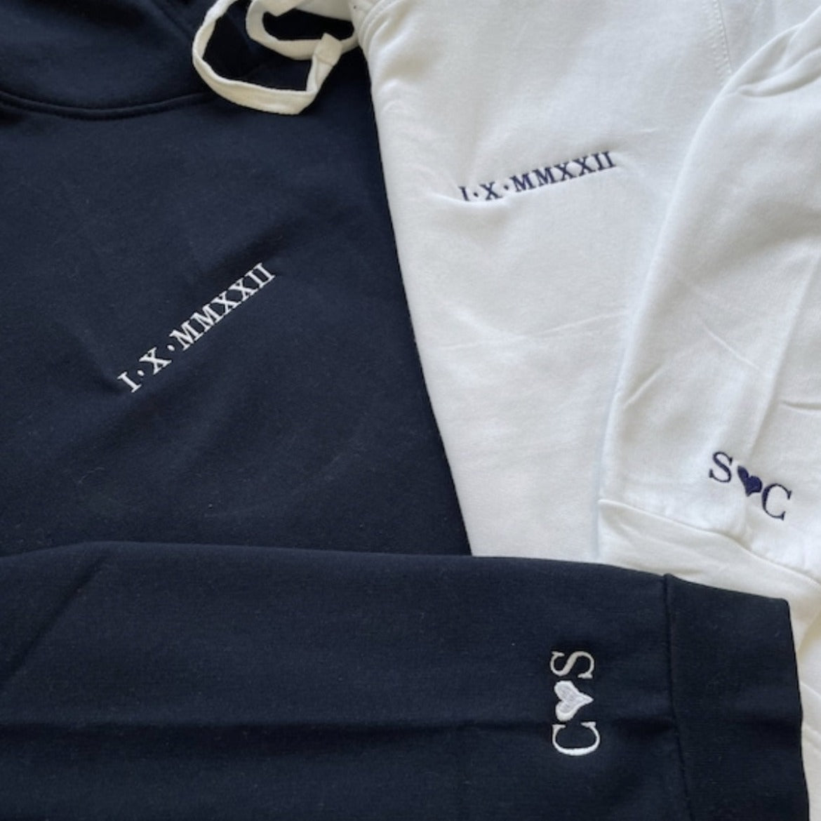 Personalized Roman numeral hoodie for men in navy blue and white.
