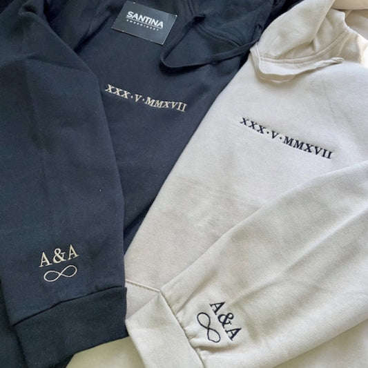 Customizable hoodies with Roman numeral embroidery on sleeves